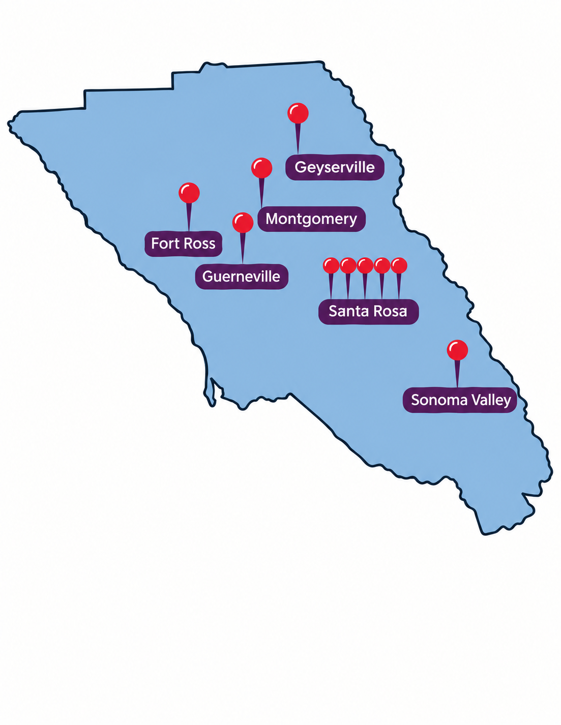 Illustrated Sonoma County map labeled Geyserville, Montgomery, Fort Ross, Guerneville, Santa Rosa and Sonoma Valley